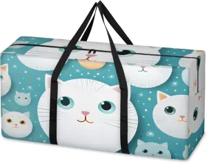 Cartoon Cat Extra Large Moving Bags Heavy Duty Storage Bags Artistic Cat Cloth Wrap Around Handles Double Zipper Reusable Convenient Foldable Storage Tote for Travel Camping Space Save