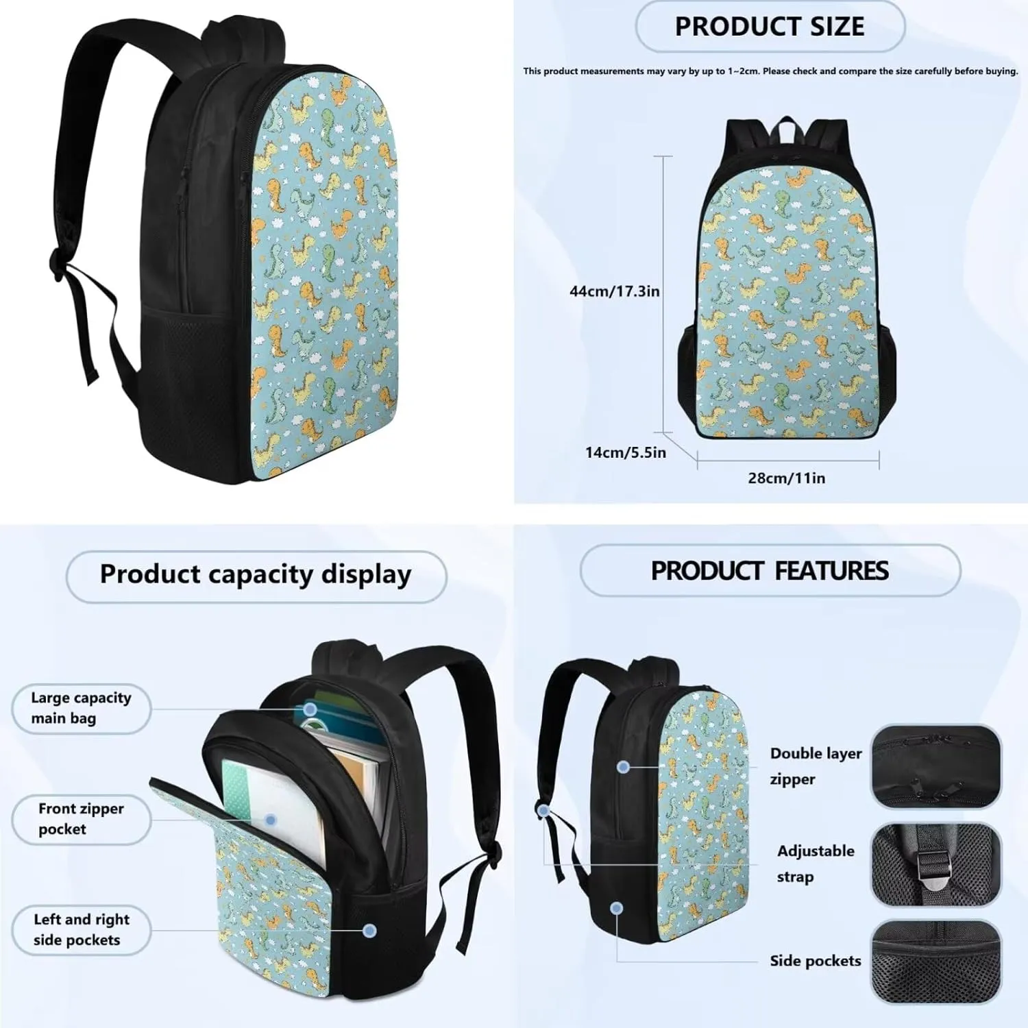 Cartoon Dinosaur Backpacks for High School Students Kids Backpacks for Hiking Kids Insulated Lunch Box Bento Box Lunch Bag for Kids Shopping Cycling Traveling Pencil Case Teens