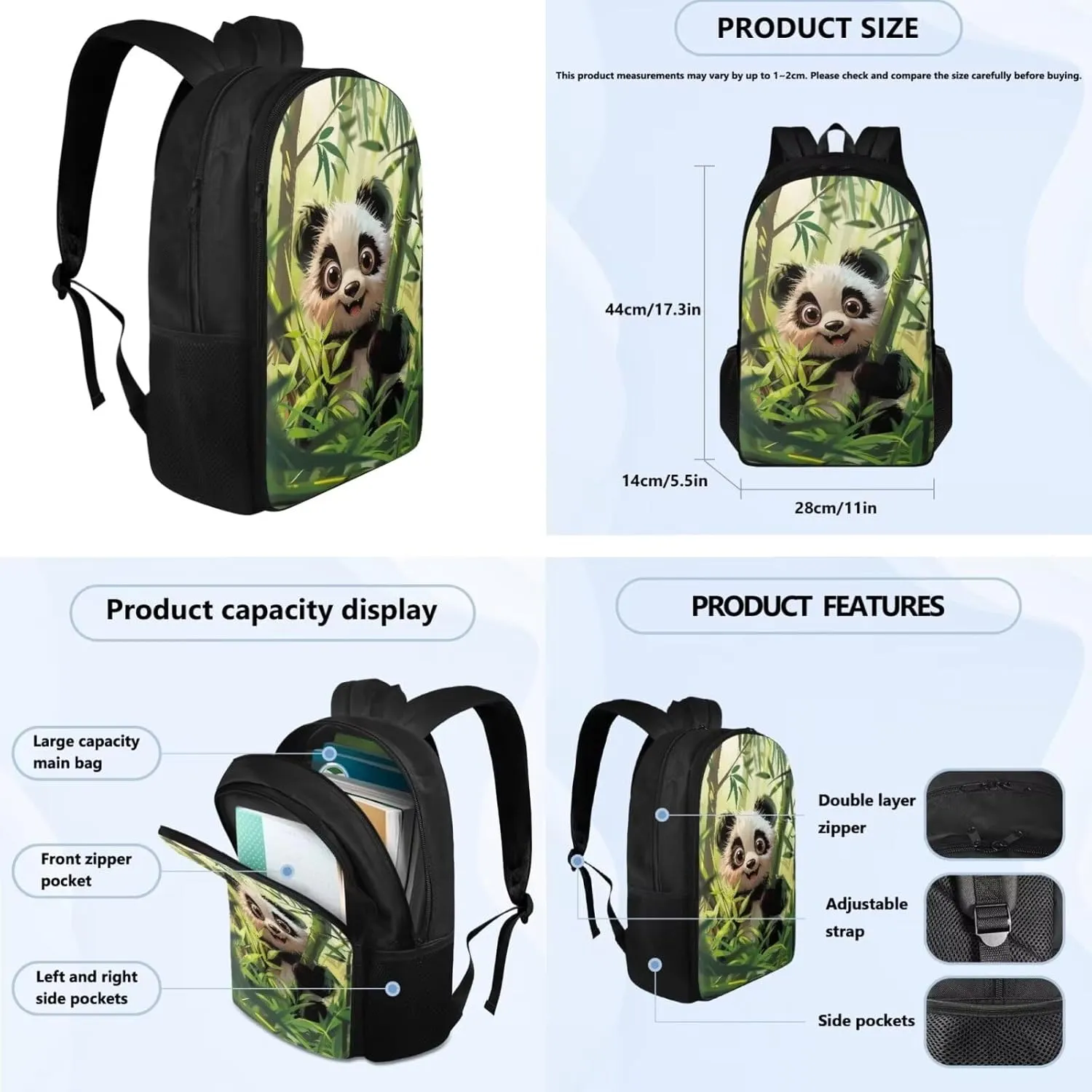 Cartoon Panda Kids' Backpacks & Lunch Boxes Bamboo Kids Backpacks for School Girls Snacks Organizer Childrens Lunch Box and Pencil Box Case for School Water Cup Bags