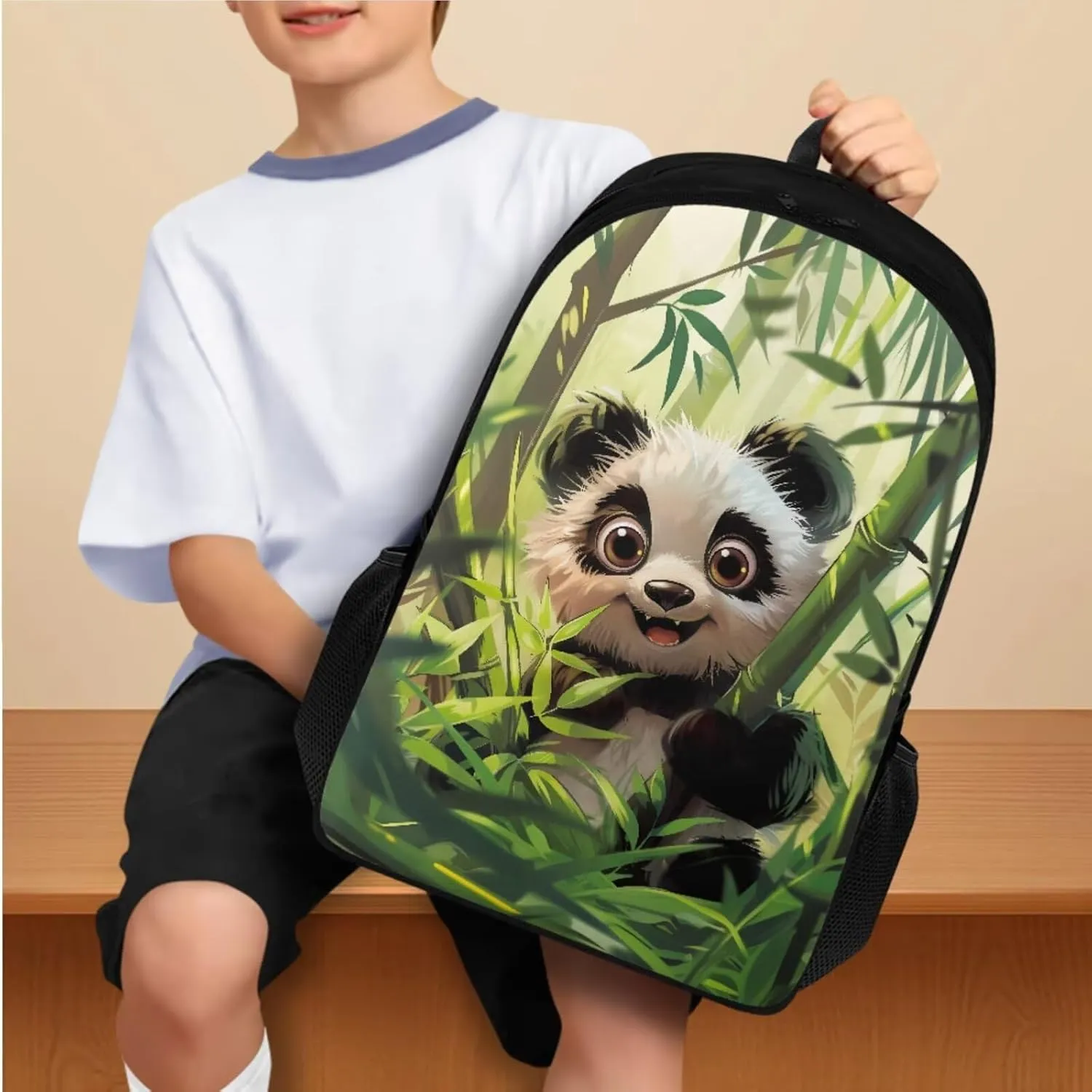 Cartoon Panda Kids' Backpacks & Lunch Boxes Bamboo Kids Backpacks for School Girls Snacks Organizer Childrens Lunch Box and Pencil Box Case for School Water Cup Bags
