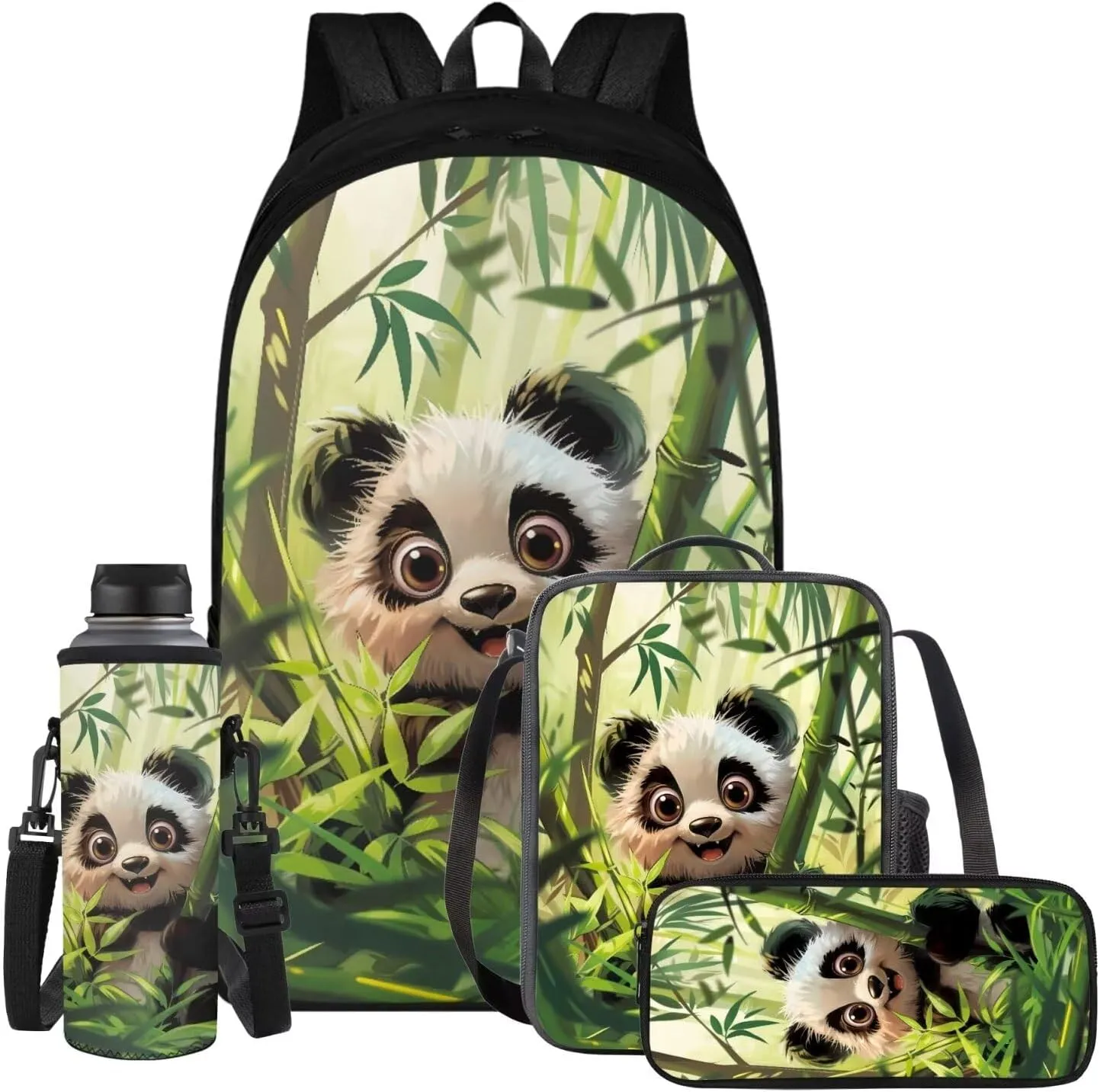 Cartoon Panda Kids' Backpacks & Lunch Boxes Bamboo Kids Backpacks for School Girls Snacks Organizer Childrens Lunch Box and Pencil Box Case for School Water Cup Bags