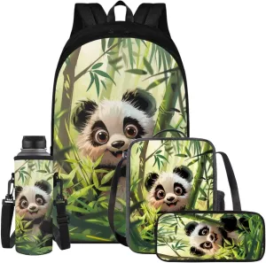Cartoon Panda Kids' Backpacks & Lunch Boxes Bamboo Kids Backpacks for School Girls Snacks Organizer Childrens Lunch Box and Pencil Box Case for School Water Cup Bags