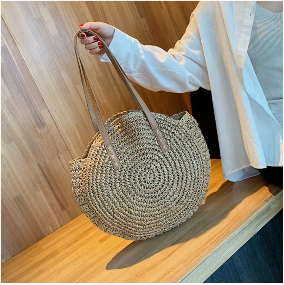 Casual Rattan Women Shoulder Bag Circle Straw Handbag Big Capacity Handmade Summer Tote
