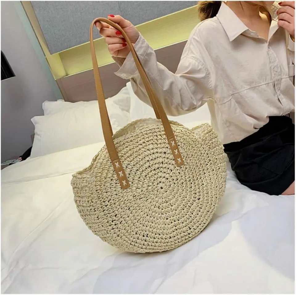 Casual Rattan Women Shoulder Bag Circle Straw Handbag Big Capacity Handmade Summer Tote