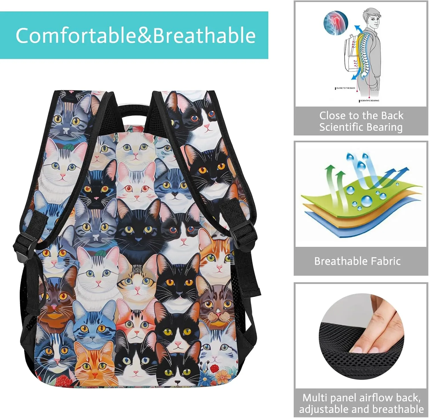 Cat Backpack for Girls, Girls Backpacks for Kids, Cute Colorful Kitty Cat Bookbag, Funny Animal Pattern Kids Backpack, Large Capacity Middle Schoolbag Elementary Student Bookbag, 16 Inch