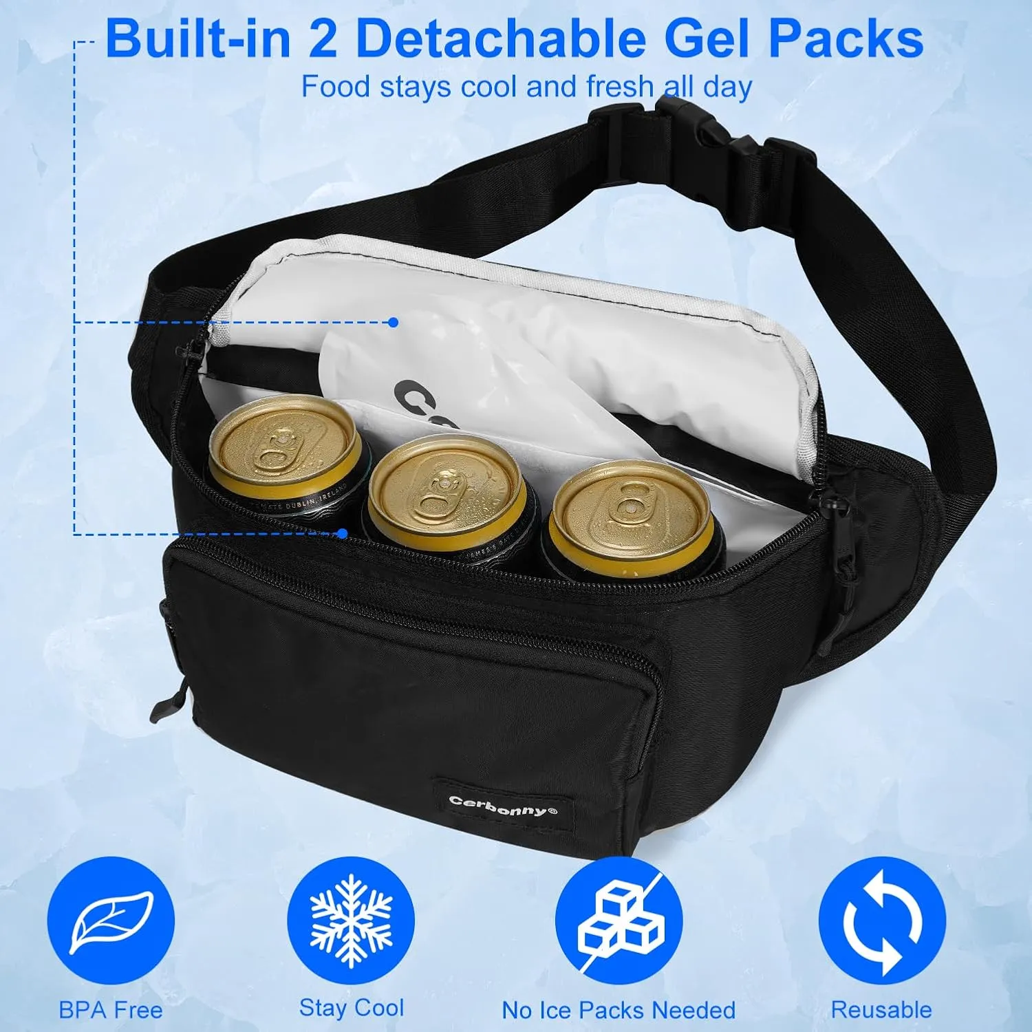 Cerbonny Small Cooler Bag,Insulated Snack Bag,Freezable Snack Bags,80s Fanny Pack,Retro Cooler,Fanny Packs,Black