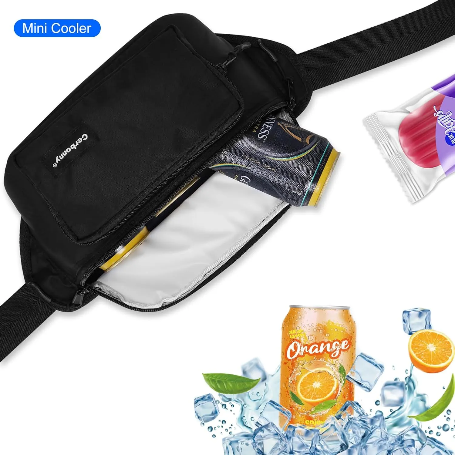 Cerbonny Small Cooler Bag,Insulated Snack Bag,Freezable Snack Bags,80s Fanny Pack,Retro Cooler,Fanny Packs,Black