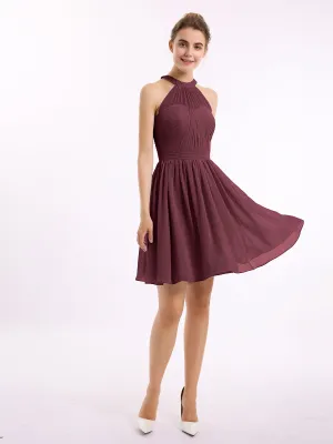 Chiffon Halter Short Bridesmaid Dresses Cabernet