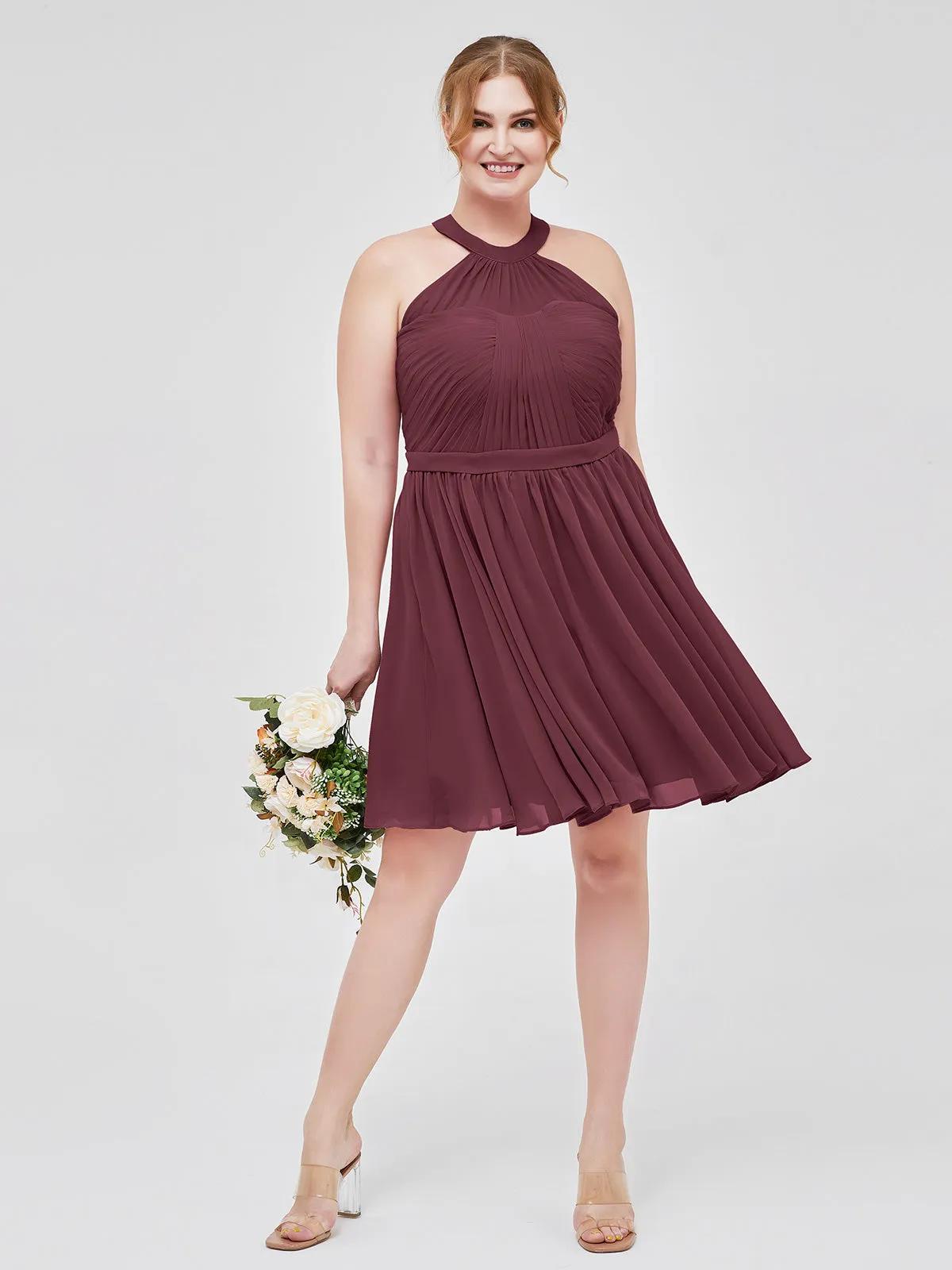 Chiffon Halter Short Bridesmaid Dresses Cabernet