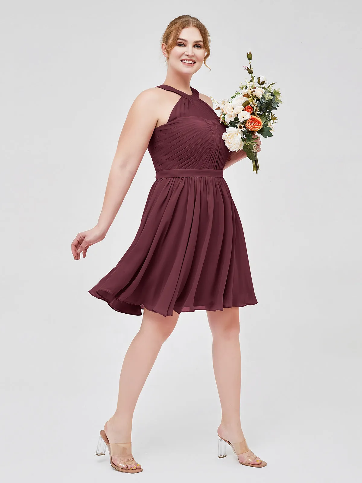 Chiffon Halter Short Bridesmaid Dresses Cabernet
