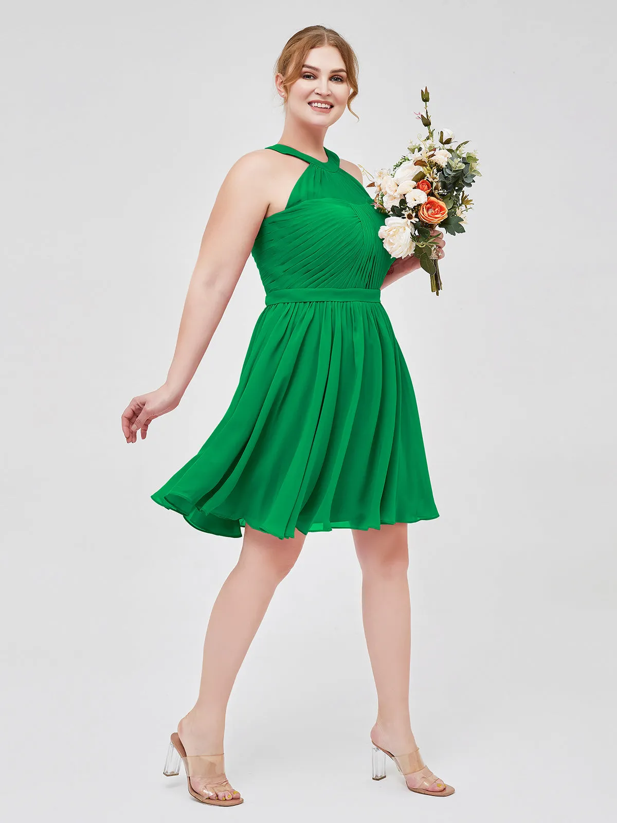 Chiffon Halter Short Bridesmaid Dresses Emerald