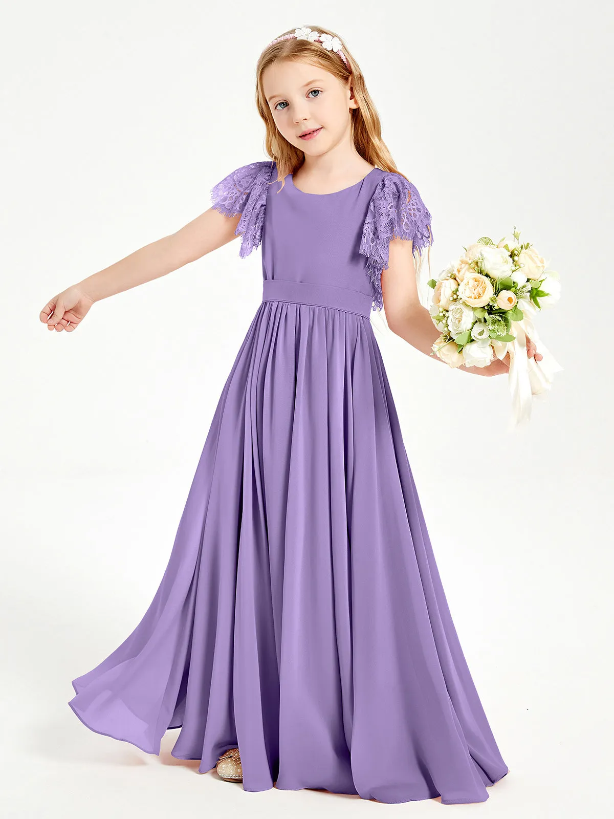 Chiffon Junior Bridesmaid Dresses Lace Flutter Sleeves Scoop Neck Tahiti