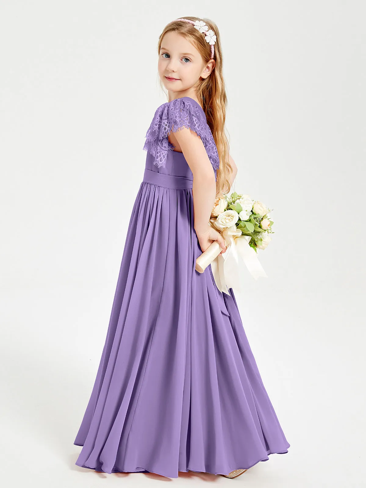 Chiffon Junior Bridesmaid Dresses Lace Flutter Sleeves Scoop Neck Tahiti