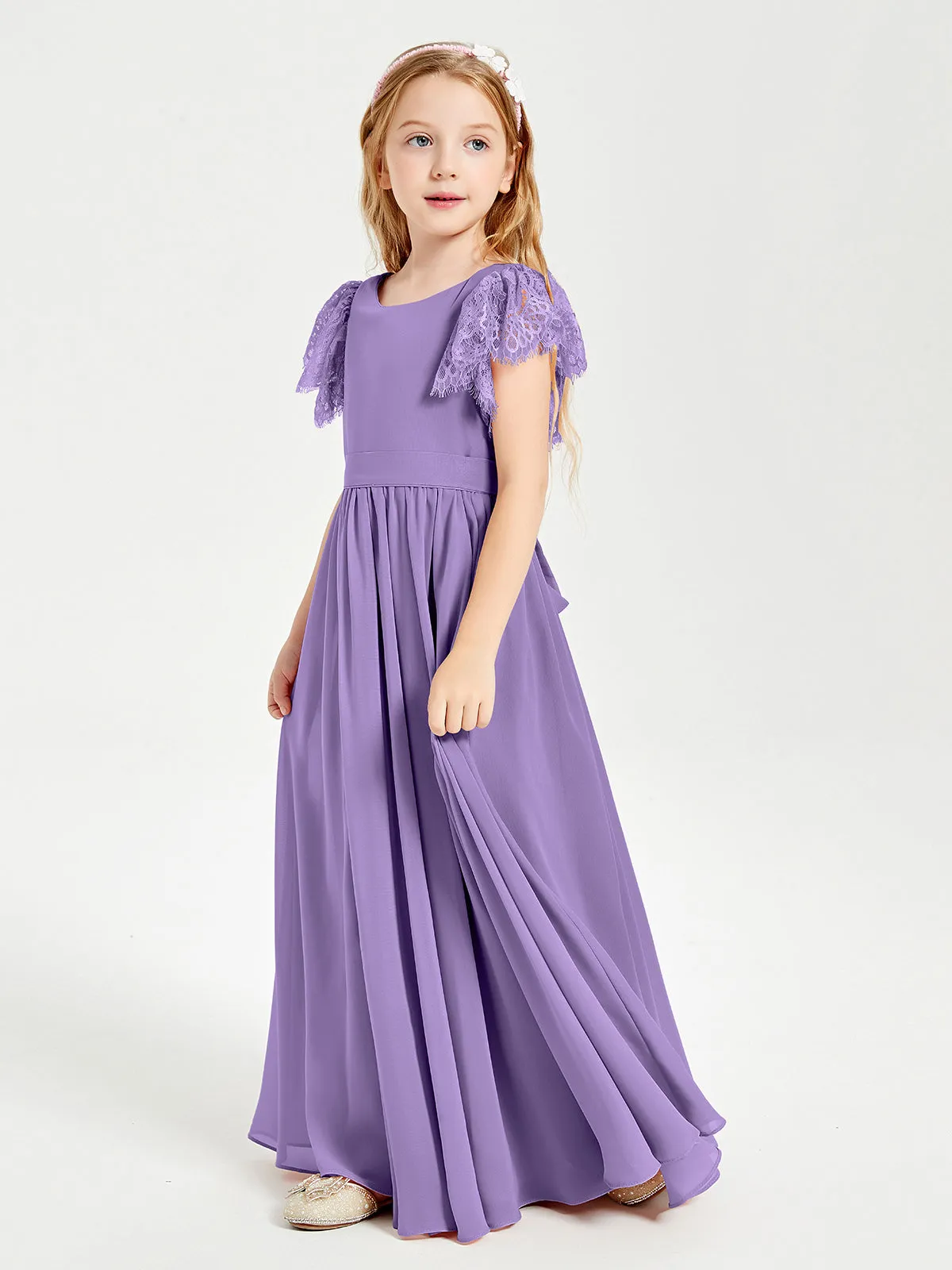 Chiffon Junior Bridesmaid Dresses Lace Flutter Sleeves Scoop Neck Tahiti