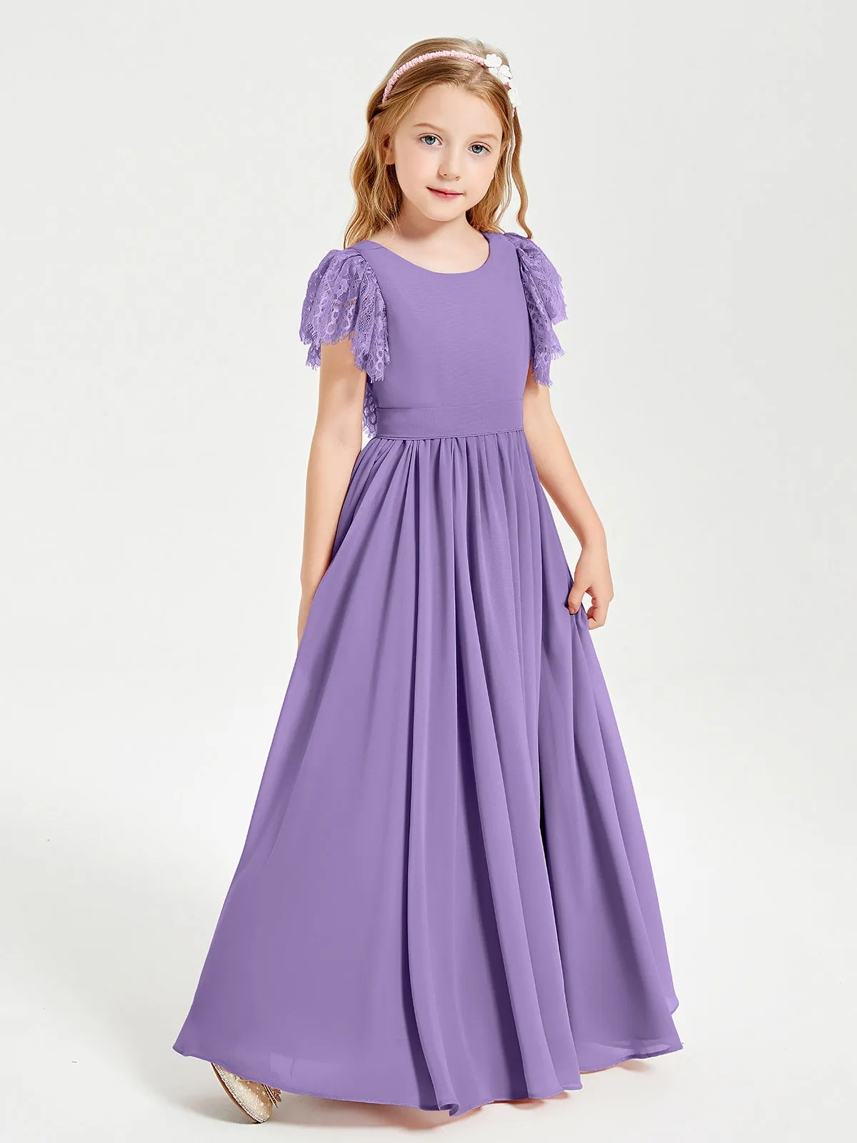 Chiffon Junior Bridesmaid Dresses Lace Flutter Sleeves Scoop Neck Tahiti