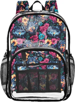 CHIFIGNO Blue Wolf Red Flowers Kids Travel Backpack, Clear Plastic Bag, Transparent Bag, Transparent Backpack