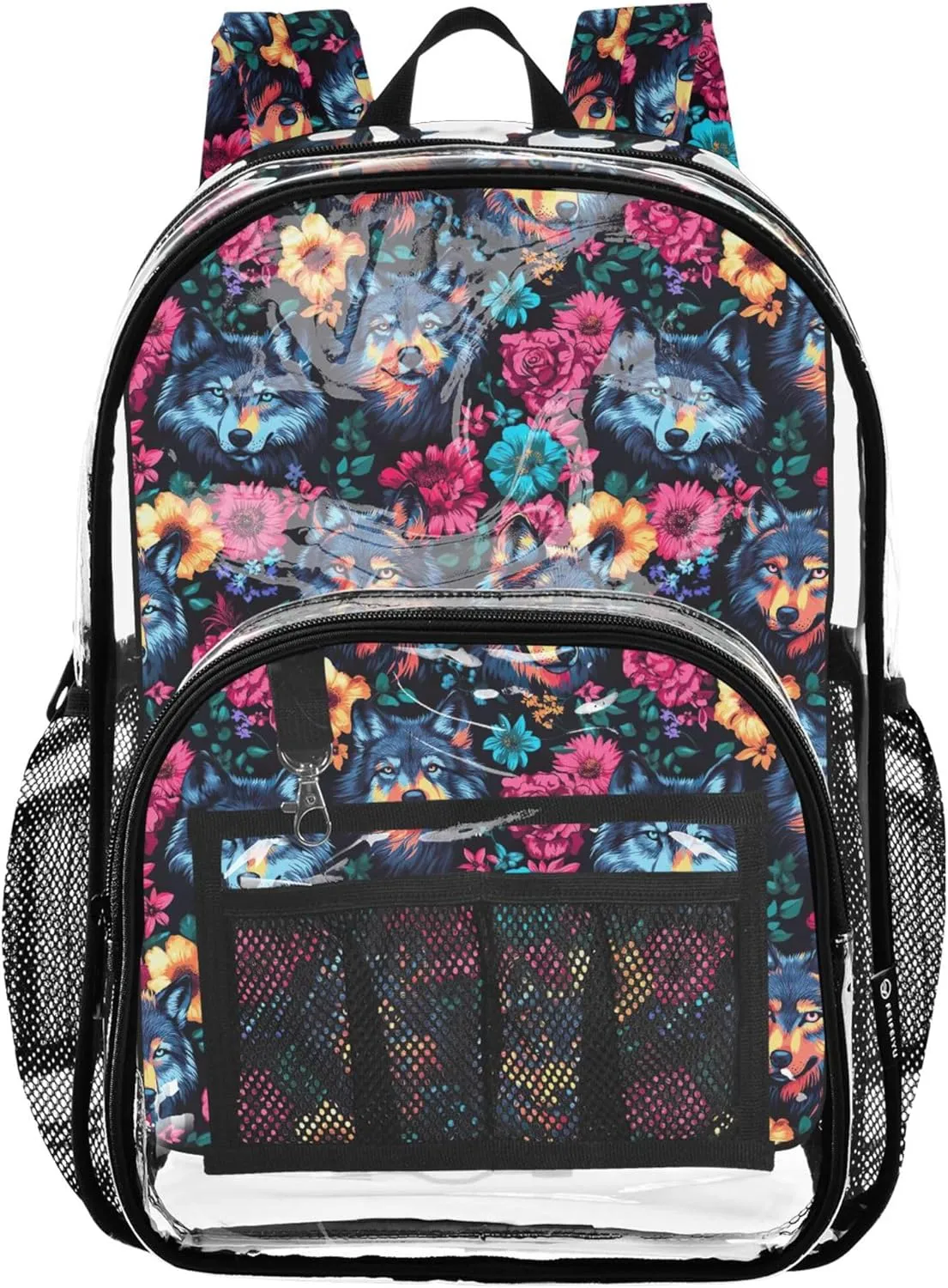 CHIFIGNO Blue Wolf Red Flowers Kids Travel Backpack, Clear Plastic Bag, Transparent Bag, Transparent Backpack