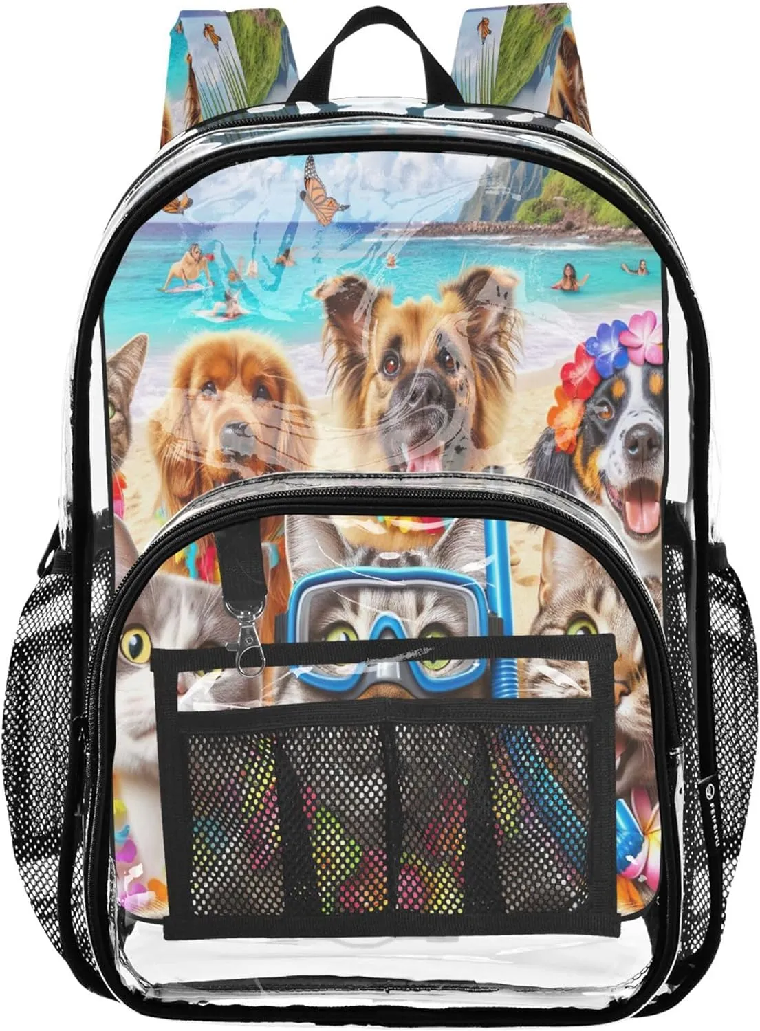 CHIFIGNO Funny Hawaiian Cats Dogs Backpack Kids, Transparent Plastic Bag, Clear Backpacks, School Bags for Boys