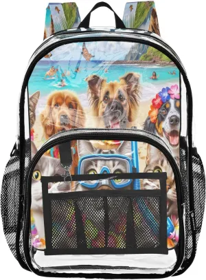 CHIFIGNO Funny Hawaiian Cats Dogs Backpack Kids, Transparent Plastic Bag, Clear Backpacks, School Bags for Boys