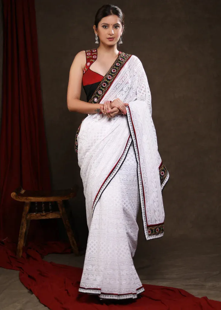 CHIKANKARI WORK GEORGETTE WHITE SAREE with MIRRORWORK LACE