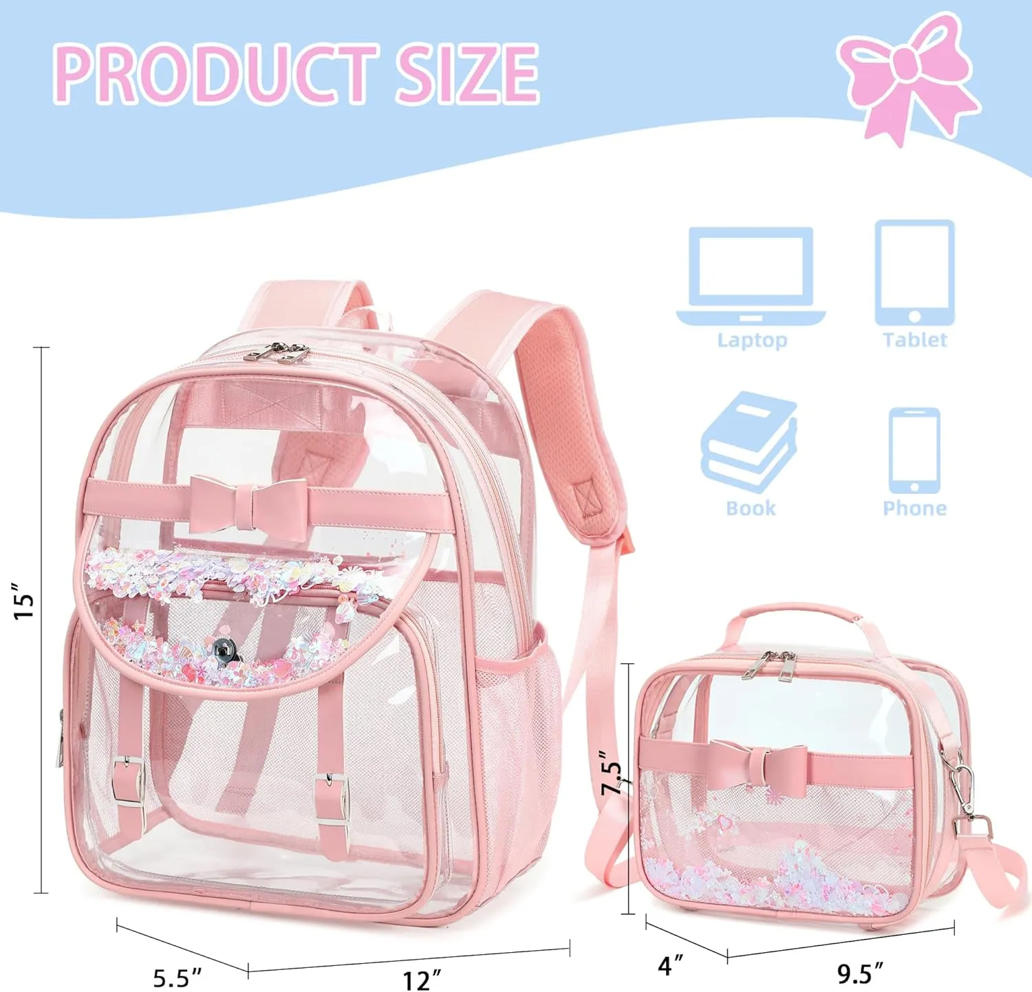 Clear Backpack for Girls and Boys 2PCS Heavy Duty Bookbag Stadium Approved Daypack Transparent School Bag See Through Backpacks for Kids Elementary,Students,College,Teens,Concert,Sports Pink