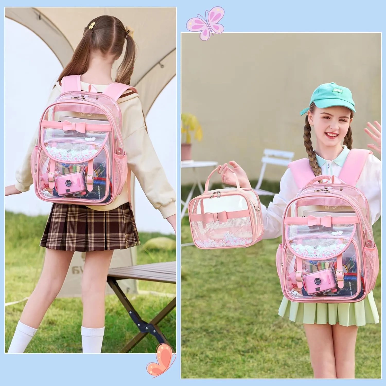 Clear Backpack for Girls and Boys 2PCS Heavy Duty Bookbag Stadium Approved Daypack Transparent School Bag See Through Backpacks for Kids Elementary,Students,College,Teens,Concert,Sports Pink