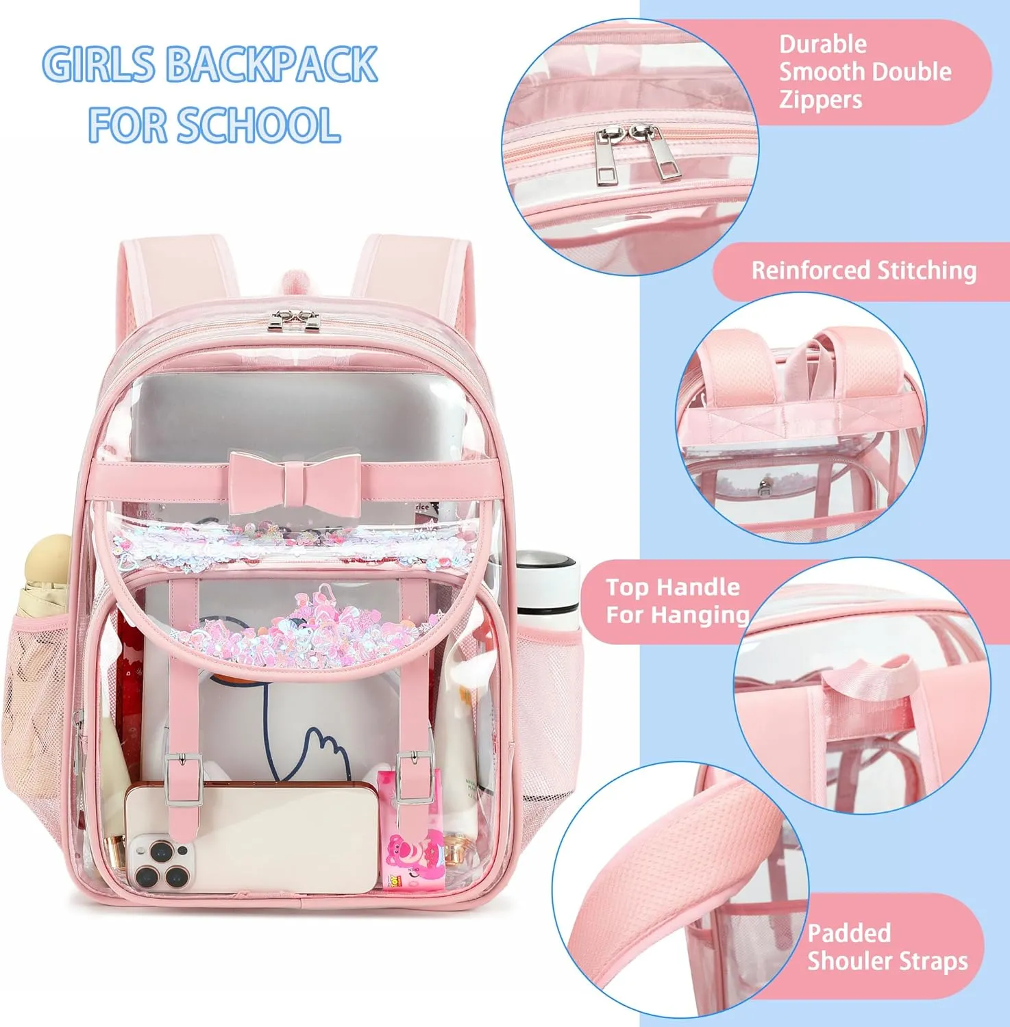 Clear Backpack for Girls and Boys 2PCS Heavy Duty Bookbag Stadium Approved Daypack Transparent School Bag See Through Backpacks for Kids Elementary,Students,College,Teens,Concert,Sports Pink