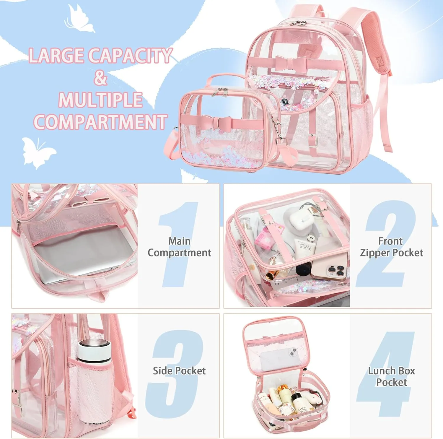 Clear Backpack for Girls and Boys 2PCS Heavy Duty Bookbag Stadium Approved Daypack Transparent School Bag See Through Backpacks for Kids Elementary,Students,College,Teens,Concert,Sports Pink