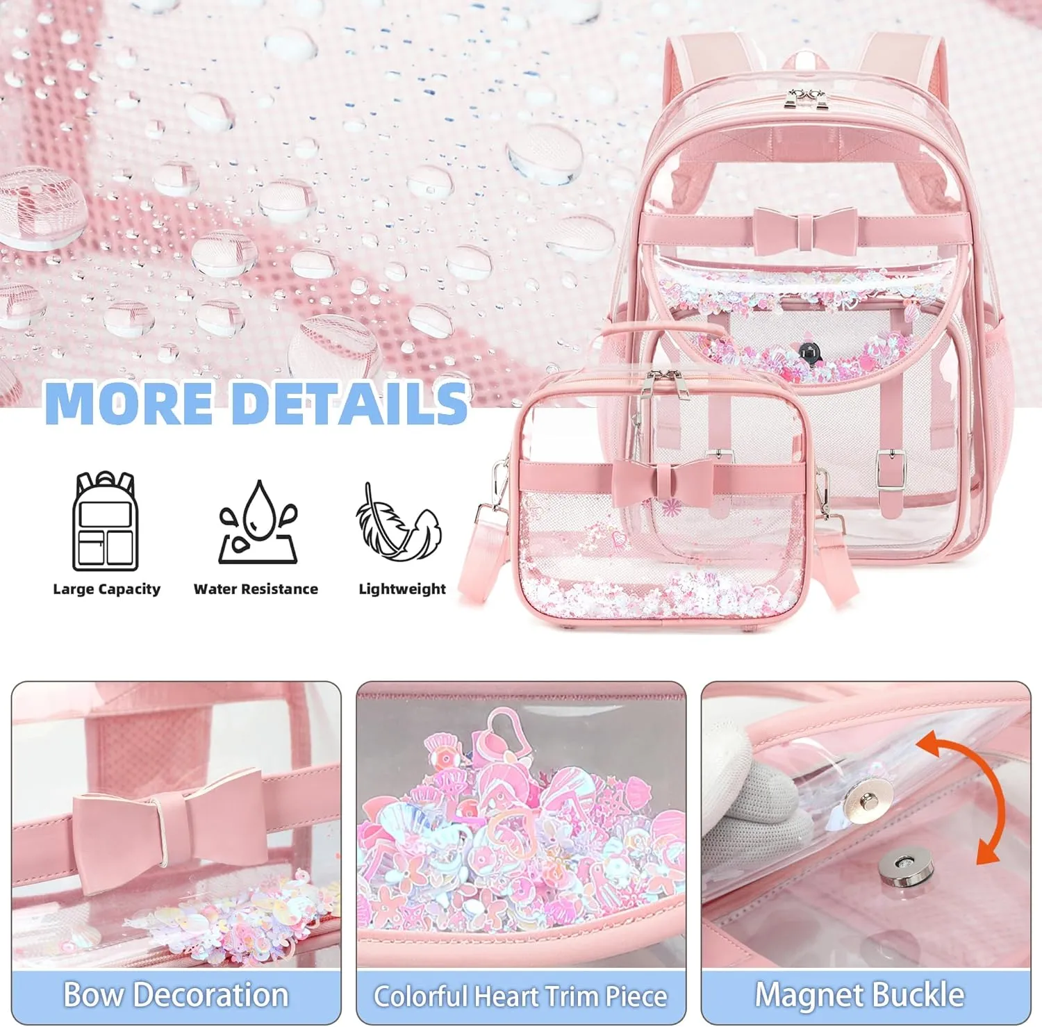 Clear Backpack for Girls and Boys 2PCS Heavy Duty Bookbag Stadium Approved Daypack Transparent School Bag See Through Backpacks for Kids Elementary,Students,College,Teens,Concert,Sports Pink