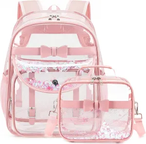 Clear Backpack for Girls and Boys 2PCS Heavy Duty Bookbag Stadium Approved Daypack Transparent School Bag See Through Backpacks for Kids Elementary,Students,College,Teens,Concert,Sports Pink