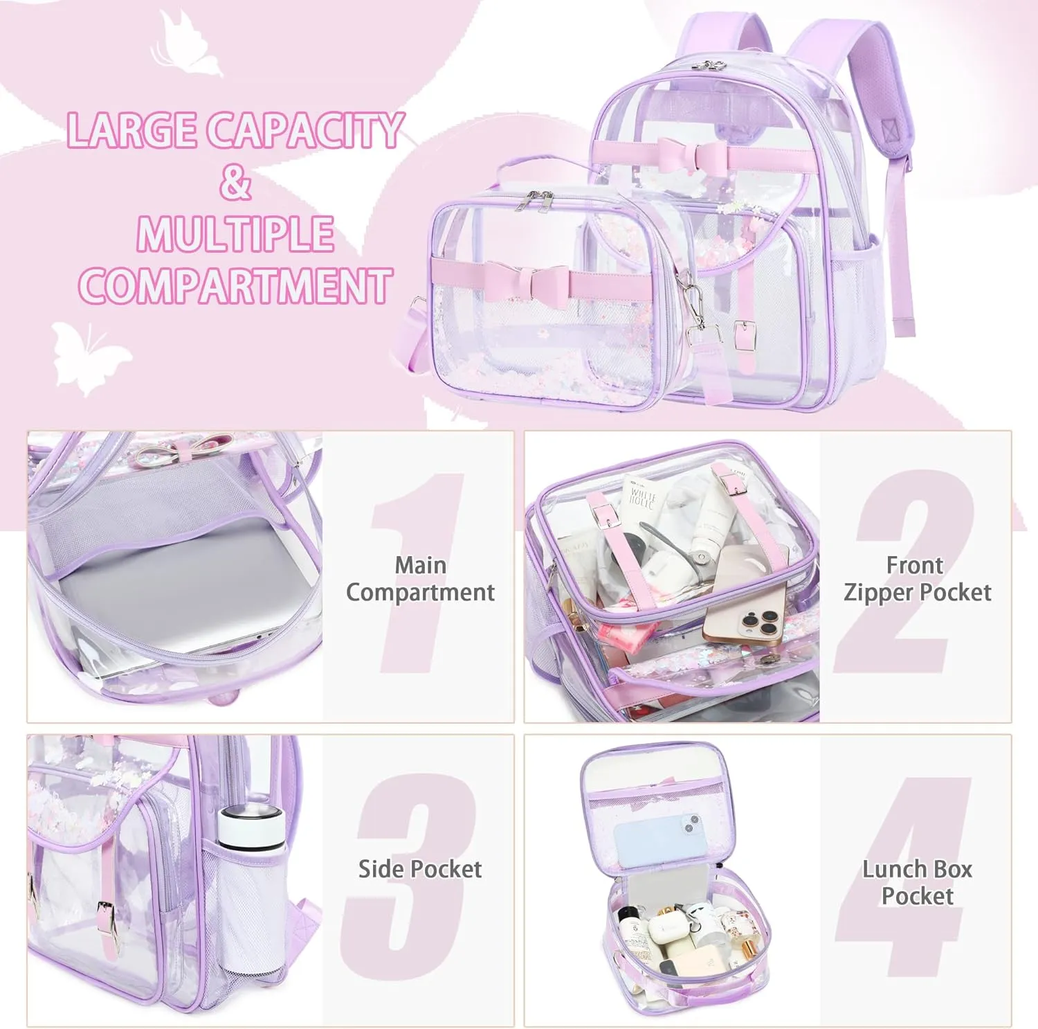 Clear Backpack for Girls and Boys 2PCS Heavy Duty Bookbag Stadium Approved Daypack Transparent School Bag See Through Backpacks for Kids Elementary,Students,College,Teens,Concert,Sports Purple set