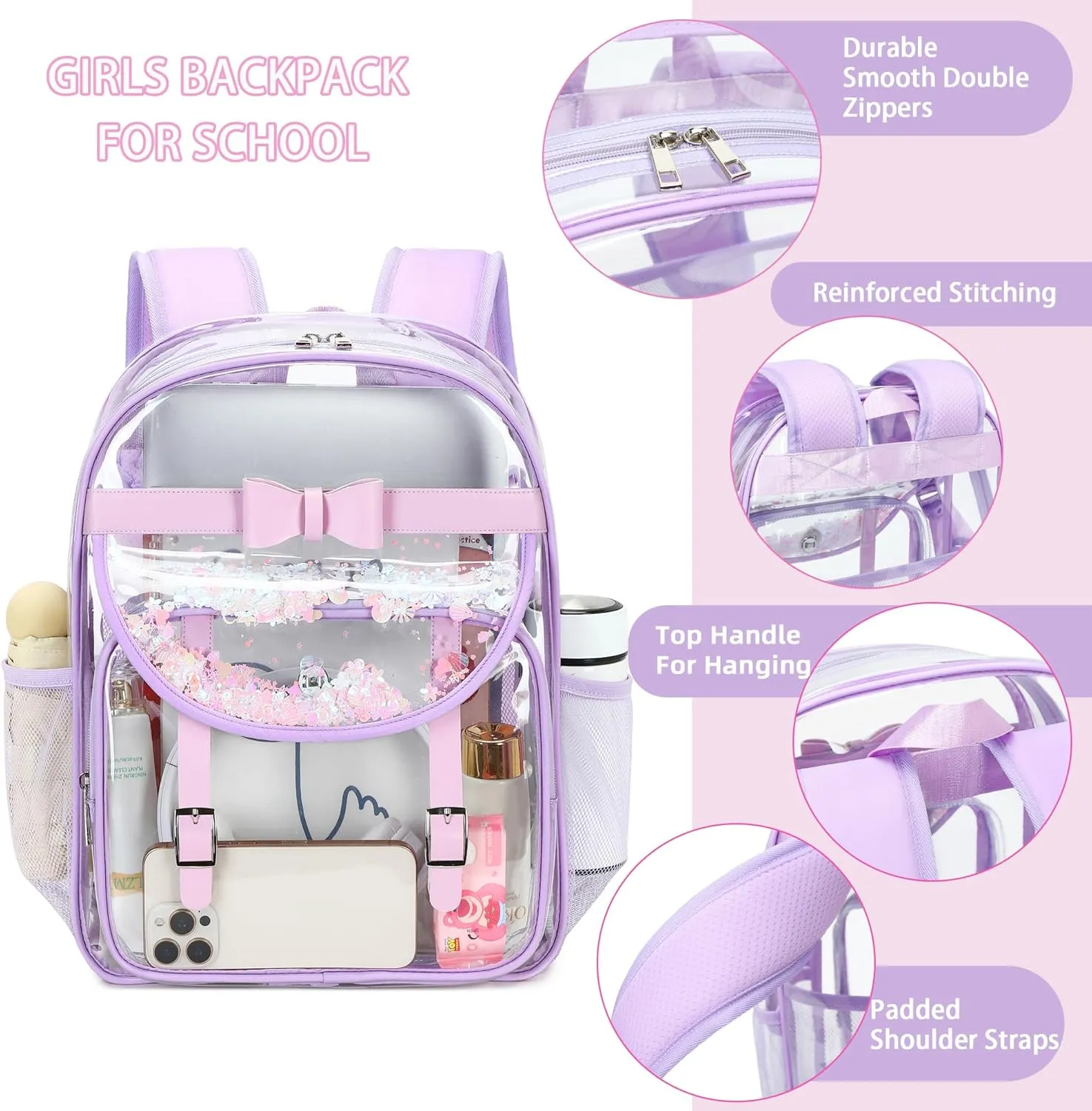 Clear Backpack for Girls and Boys 2PCS Heavy Duty Bookbag Stadium Approved Daypack Transparent School Bag See Through Backpacks for Kids Elementary,Students,College,Teens,Concert,Sports Purple set