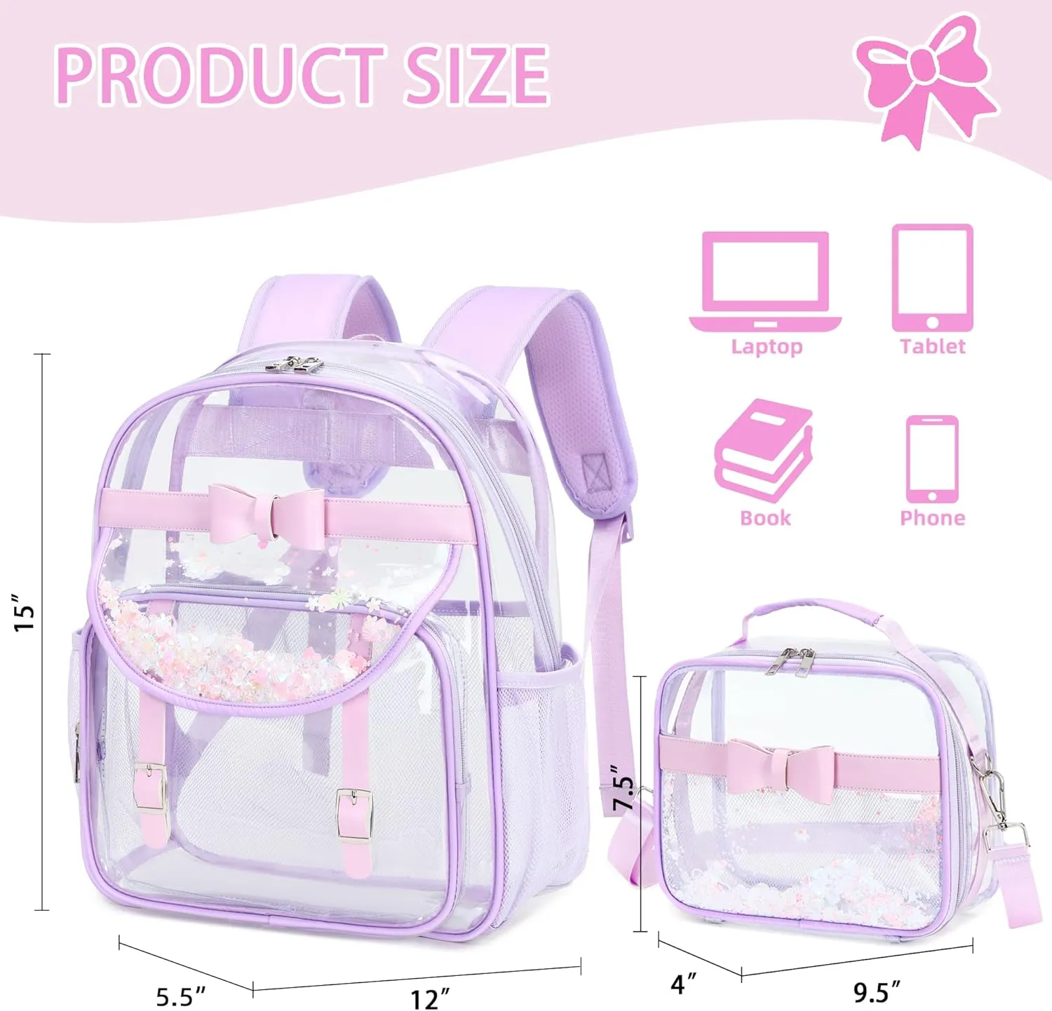 Clear Backpack for Girls and Boys 2PCS Heavy Duty Bookbag Stadium Approved Daypack Transparent School Bag See Through Backpacks for Kids Elementary,Students,College,Teens,Concert,Sports Purple set