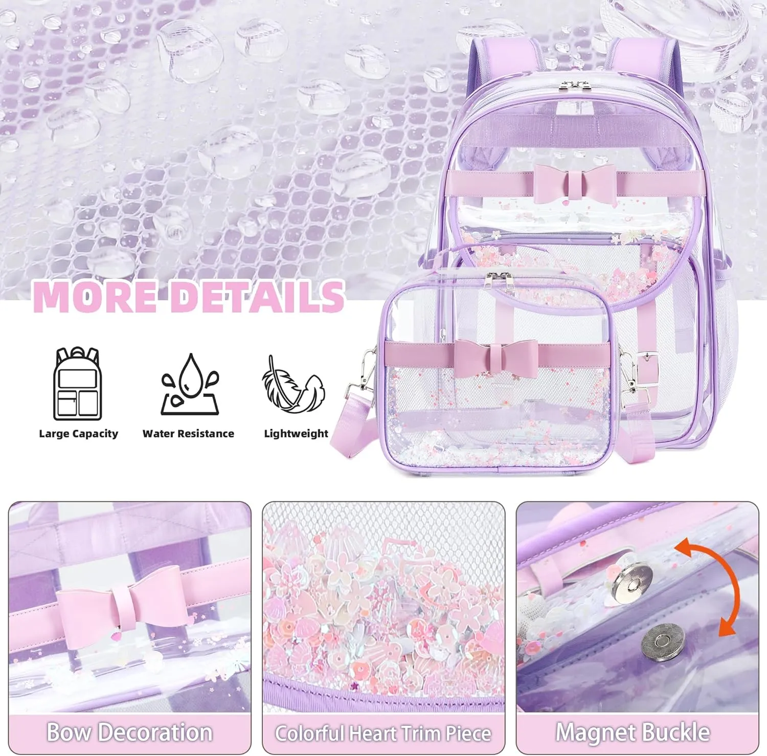 Clear Backpack for Girls and Boys 2PCS Heavy Duty Bookbag Stadium Approved Daypack Transparent School Bag See Through Backpacks for Kids Elementary,Students,College,Teens,Concert,Sports Purple set