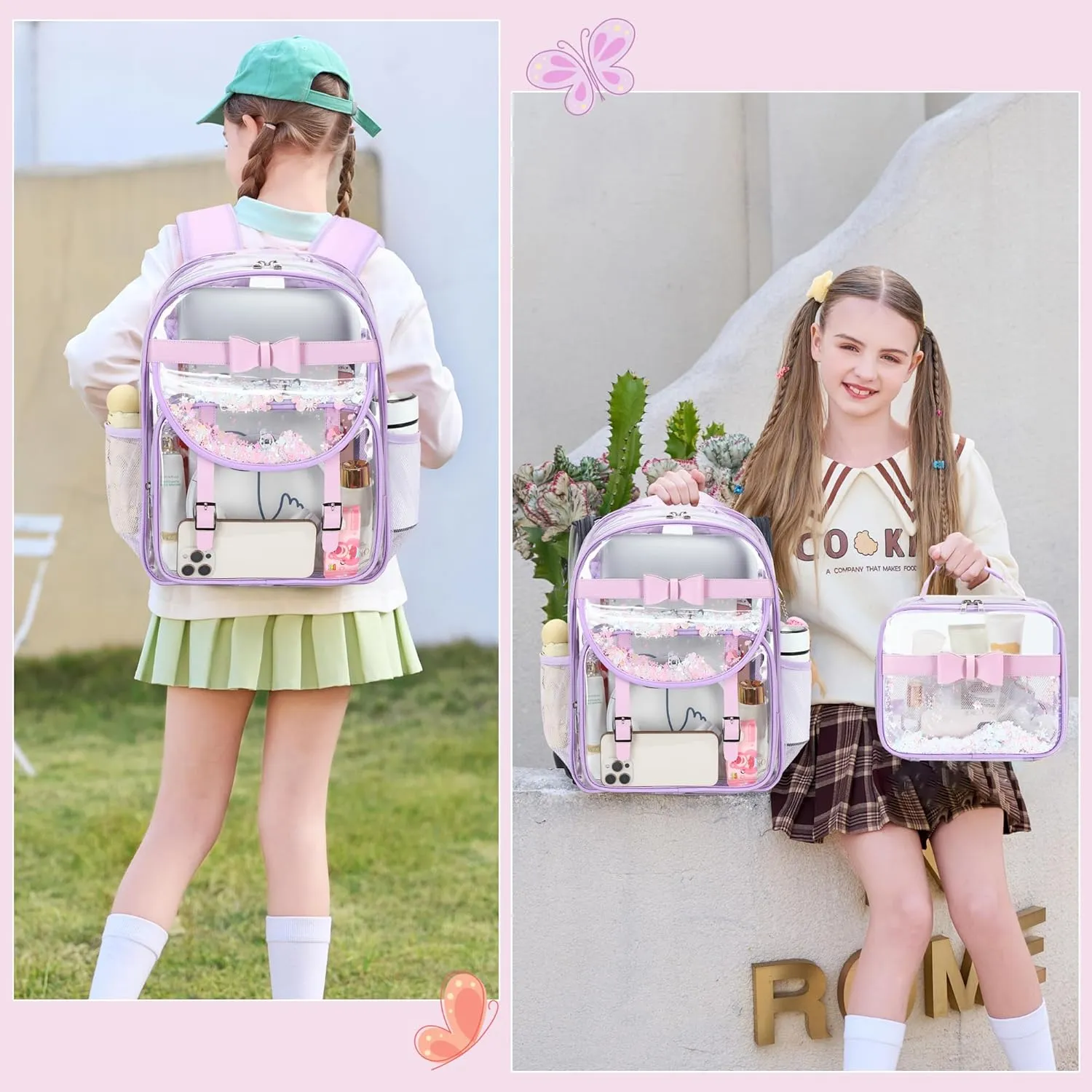 Clear Backpack for Girls and Boys 2PCS Heavy Duty Bookbag Stadium Approved Daypack Transparent School Bag See Through Backpacks for Kids Elementary,Students,College,Teens,Concert,Sports Purple set