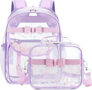 Clear Backpack for Girls and Boys 2PCS Heavy Duty Bookbag Stadium Approved Daypack Transparent School Bag See Through Backpacks for Kids Elementary,Students,College,Teens,Concert,Sports Purple set