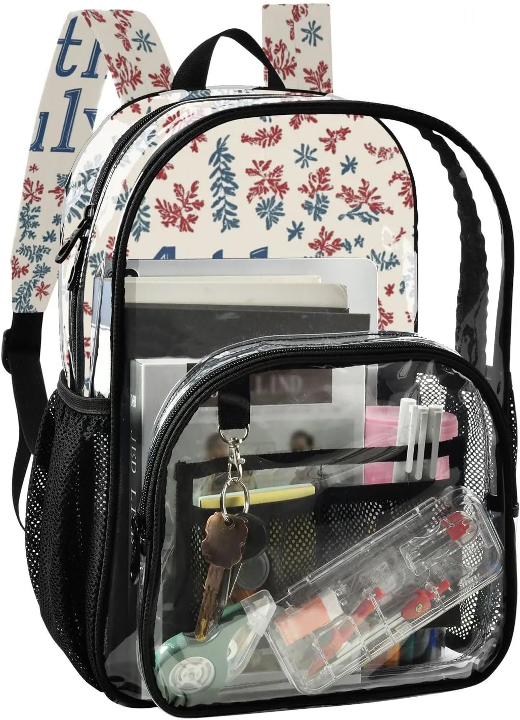 Clear Backpack for Stadium Events School Backpacks Girls Boys heavy duty PVC Waterproof Transparent Plastic Book Bag for Women Work 4th July Flowers White