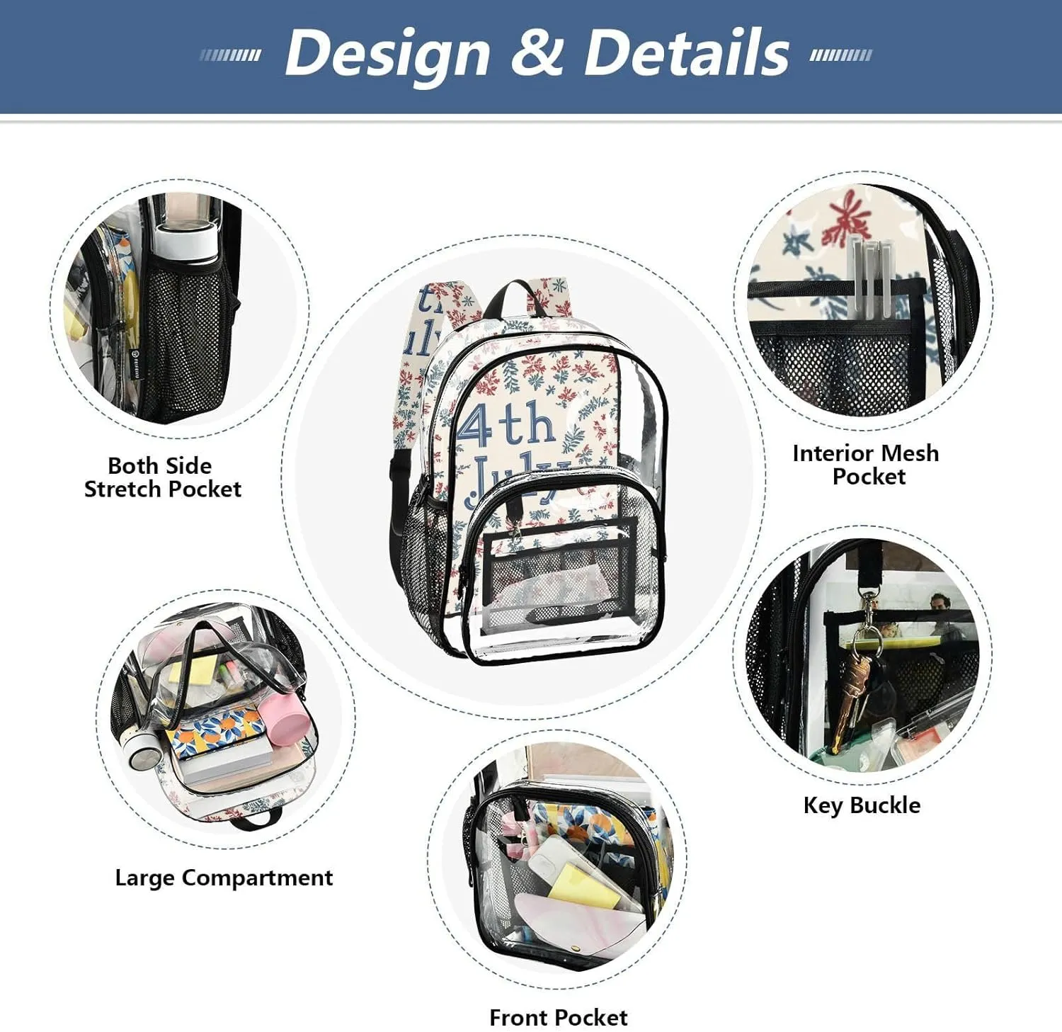 Clear Backpack for Stadium Events School Backpacks Girls Boys heavy duty PVC Waterproof Transparent Plastic Book Bag for Women Work 4th July Flowers White