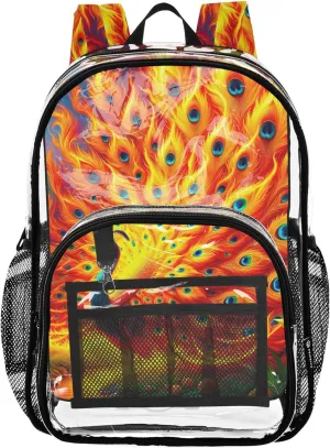 Clear Backpack for Women Fire Peacock Tail Feather Girls Backpack Kids Boys Plastic School Clear Bookbag
