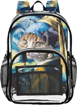 Clear Backpack for Women Girls Backpack for Kids Plastic School Clear Bookbag Funny Cat Starry Night