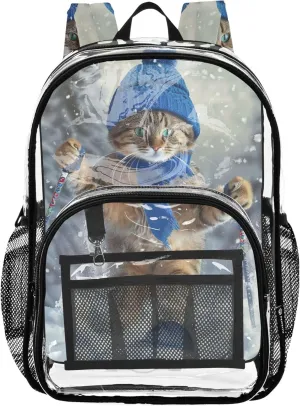 Clear Backpack Women Cute Funny Cat Skiing Girls Backpack Kids Boys School Clear Plastic Bag Pvc
