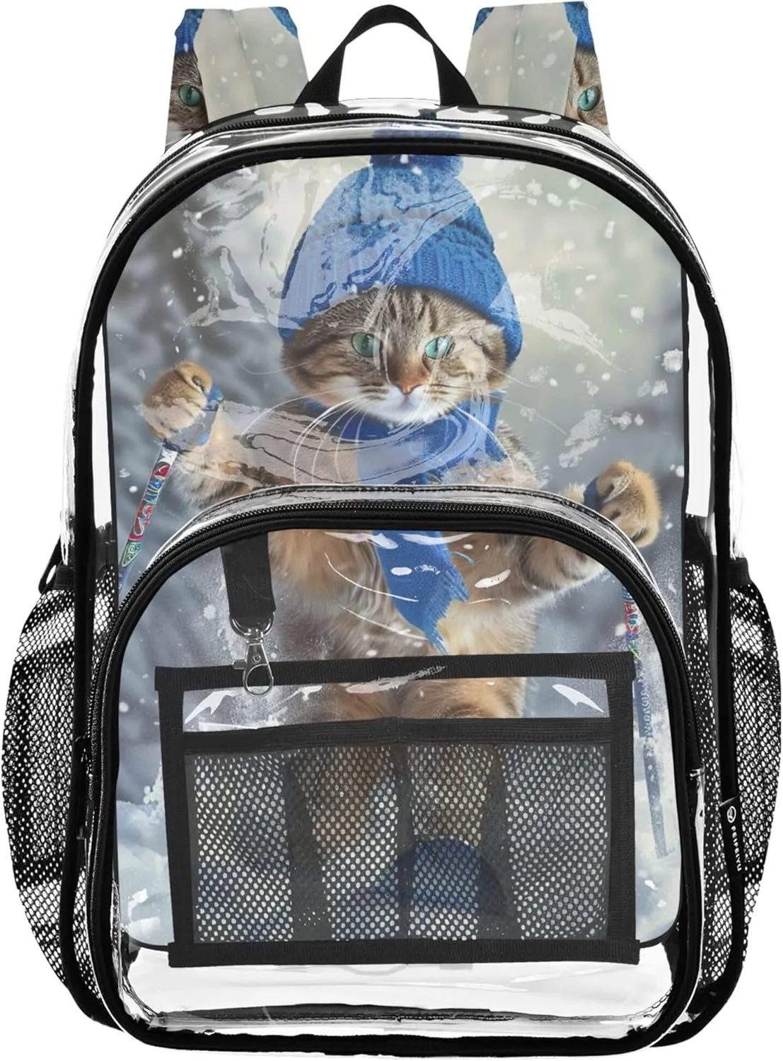 Clear Backpack Women Cute Funny Cat Skiing Girls Backpack Kids Boys School Clear Plastic Bag Pvc