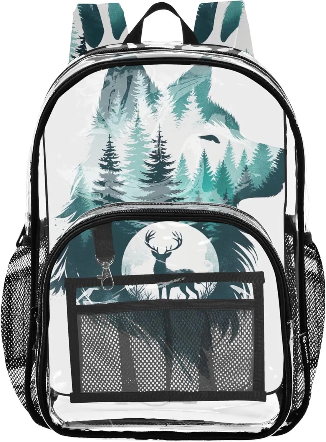 Clear Backpack Women Cute Watercolor Wolf Forest Deer Kids Backpack for Girls Approved Transparent Bag