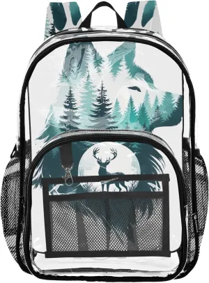 Clear Backpack Women Cute Watercolor Wolf Forest Deer Kids Backpack for Girls Approved Transparent Bag