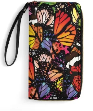 Colorful Butterfly Womens Wallet Zippered Long Clutch Purse Leather Handbag with Wristlet Strap