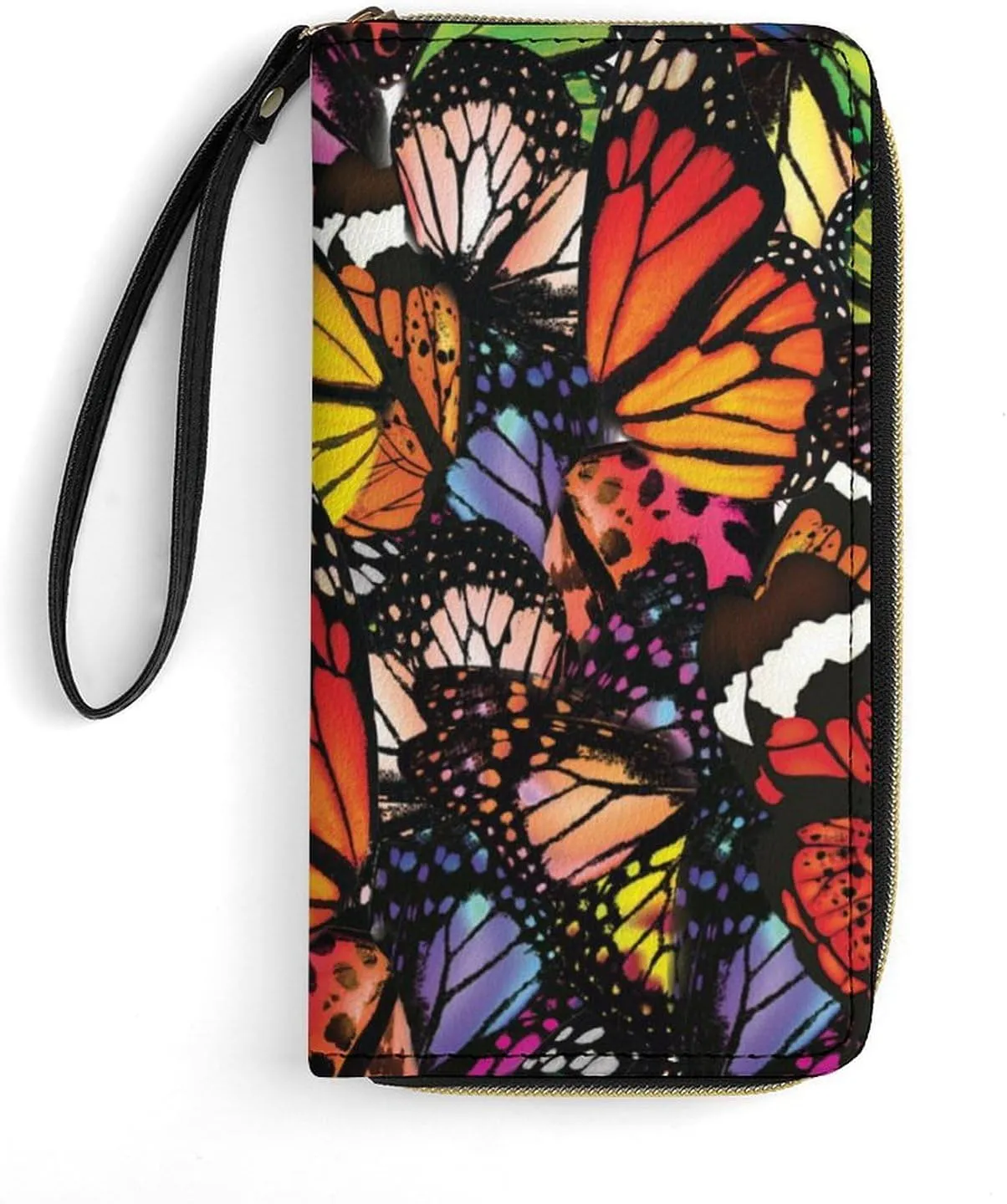 Colorful Butterfly Womens Wallet Zippered Long Clutch Purse Leather Handbag with Wristlet Strap