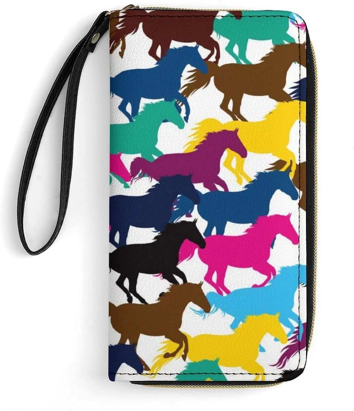 Colorful Horse Womens Wallet Zippered Long Clutch Purse Leather Handbag with Wristlet Strap