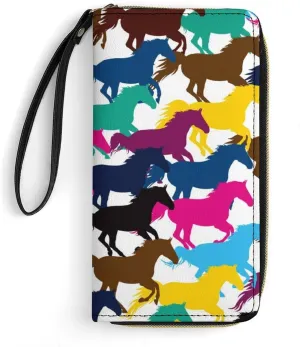 Colorful Horse Womens Wallet Zippered Long Clutch Purse Leather Handbag with Wristlet Strap