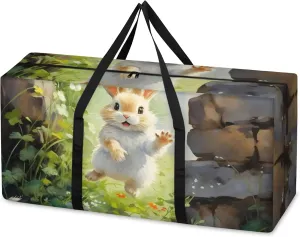 Colorful Rabbit Extra Large Moving Bags Heavy Duty Storage Bags Cute Rabbit Cloth Wrap Around Handles Double Zipper Reusable Convenient Foldable Storage Tote for Travel Camping Space Save