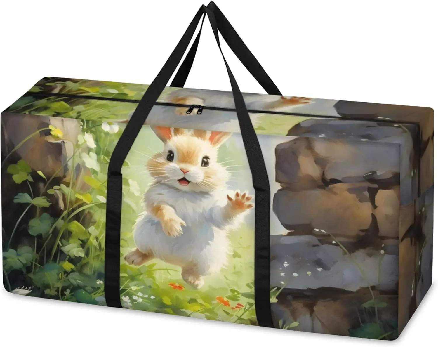 Colorful Rabbit Extra Large Moving Bags Heavy Duty Storage Bags Cute Rabbit Cloth Wrap Around Handles Double Zipper Reusable Convenient Foldable Storage Tote for Travel Camping Space Save